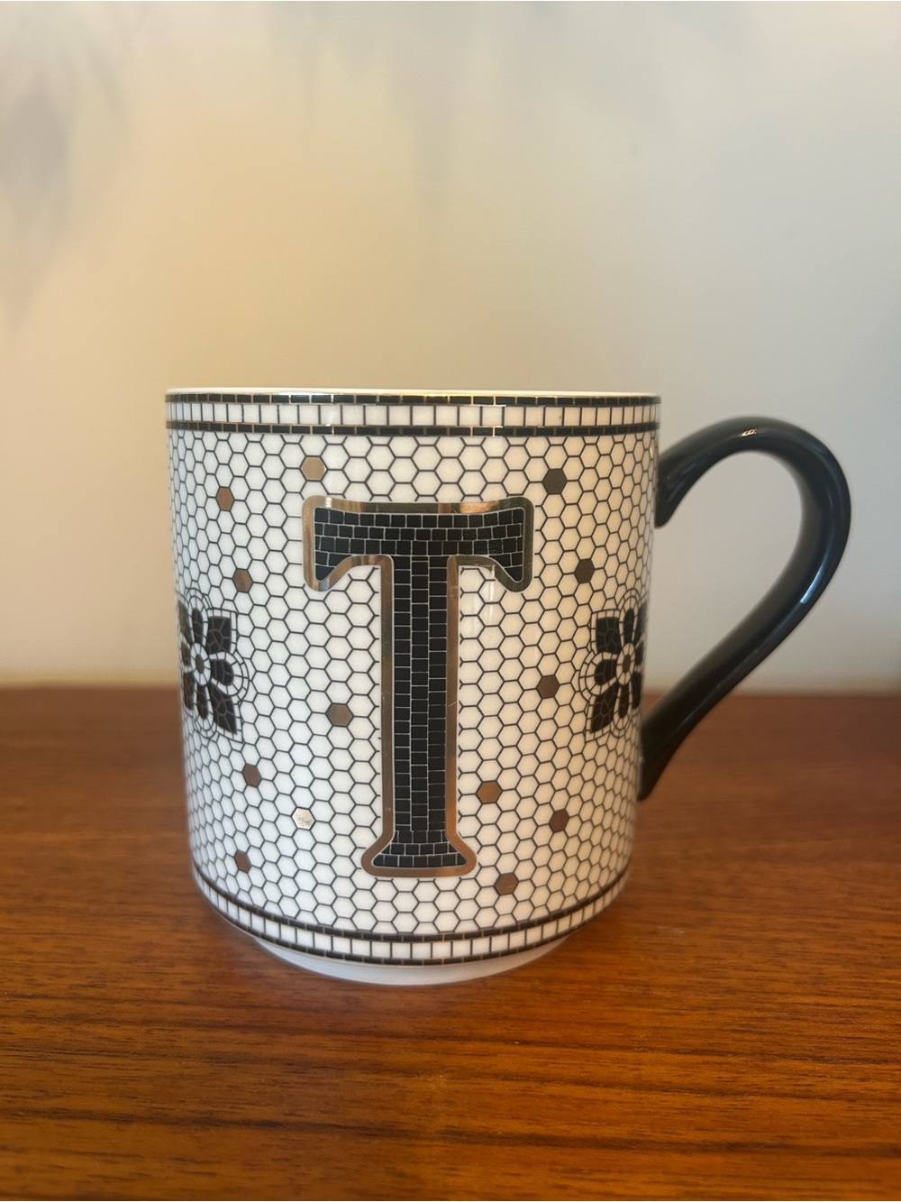 Anthropologie 'T' Initial Mug Black and White Mosaic Tiles Drink ware Floral
